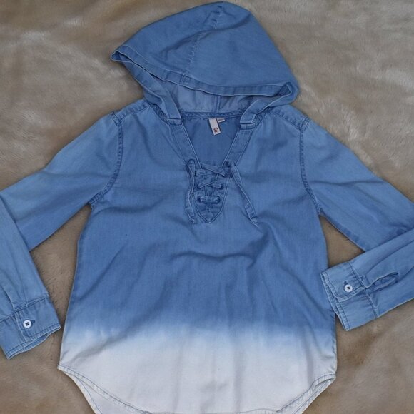 Girls Denim Hooded Shirt Dress Size 7 Long Sleeve - Picture 2 of 10